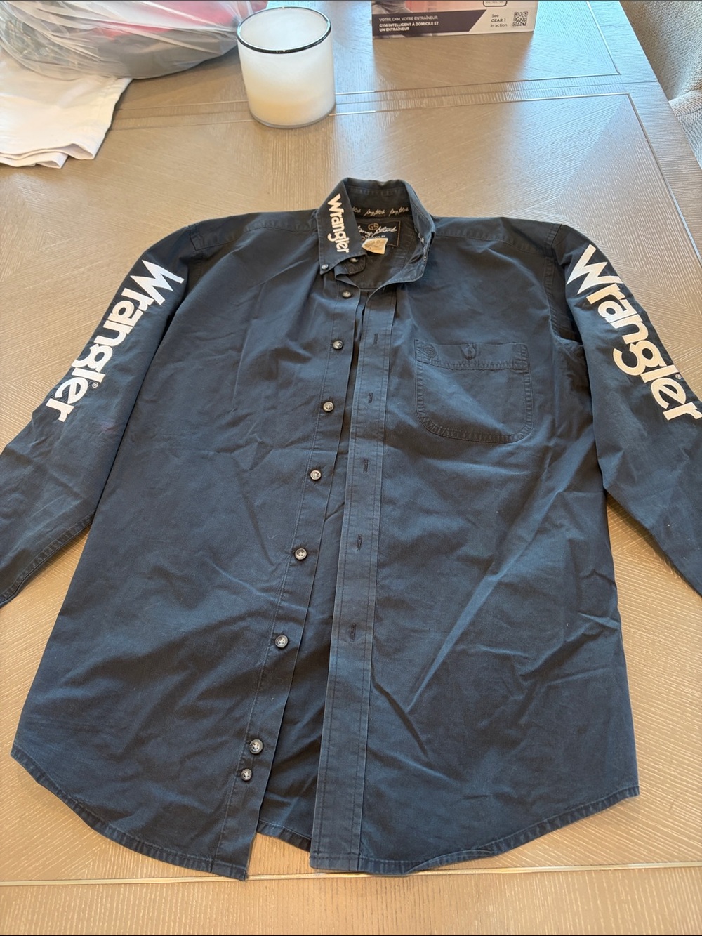 Wrangler Black Long Sleeve Button-Down Shirt with White Sleeve Logos